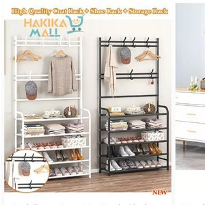Hall Tree with 5-Tier Shoe Shelf and 8 Adjustable Metal Hooks Coat Rack, Lightweight Metal Shoe Rack Organizer Multifunctional Coat Rack Shoe Shelf for Apartment Bedroom College Dorm and Entryway