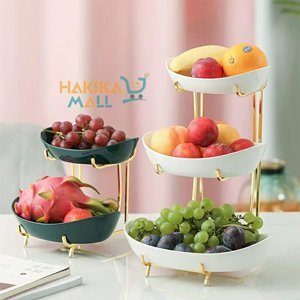 Fruit Bowl for Kitchen Counter - 3 Tier Ceramic Serving Bowls with Metal Stand, Tiered Fruit Basket for Fruit Vegetable Storage, Snack, Nuts, Cake, Dessert