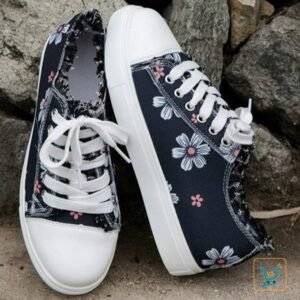 Ladies Floral Lace-Up Canvas Sneakers, black: Add a Touch of Spring to Your Step