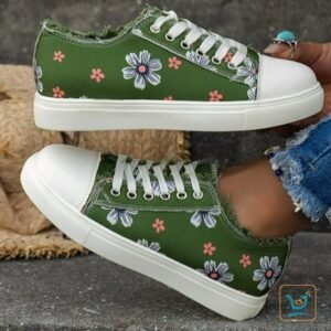 Green Ladies Floral Lace-Up Canvas Sneakers: Add a Touch of Style and Comfort to Your Day