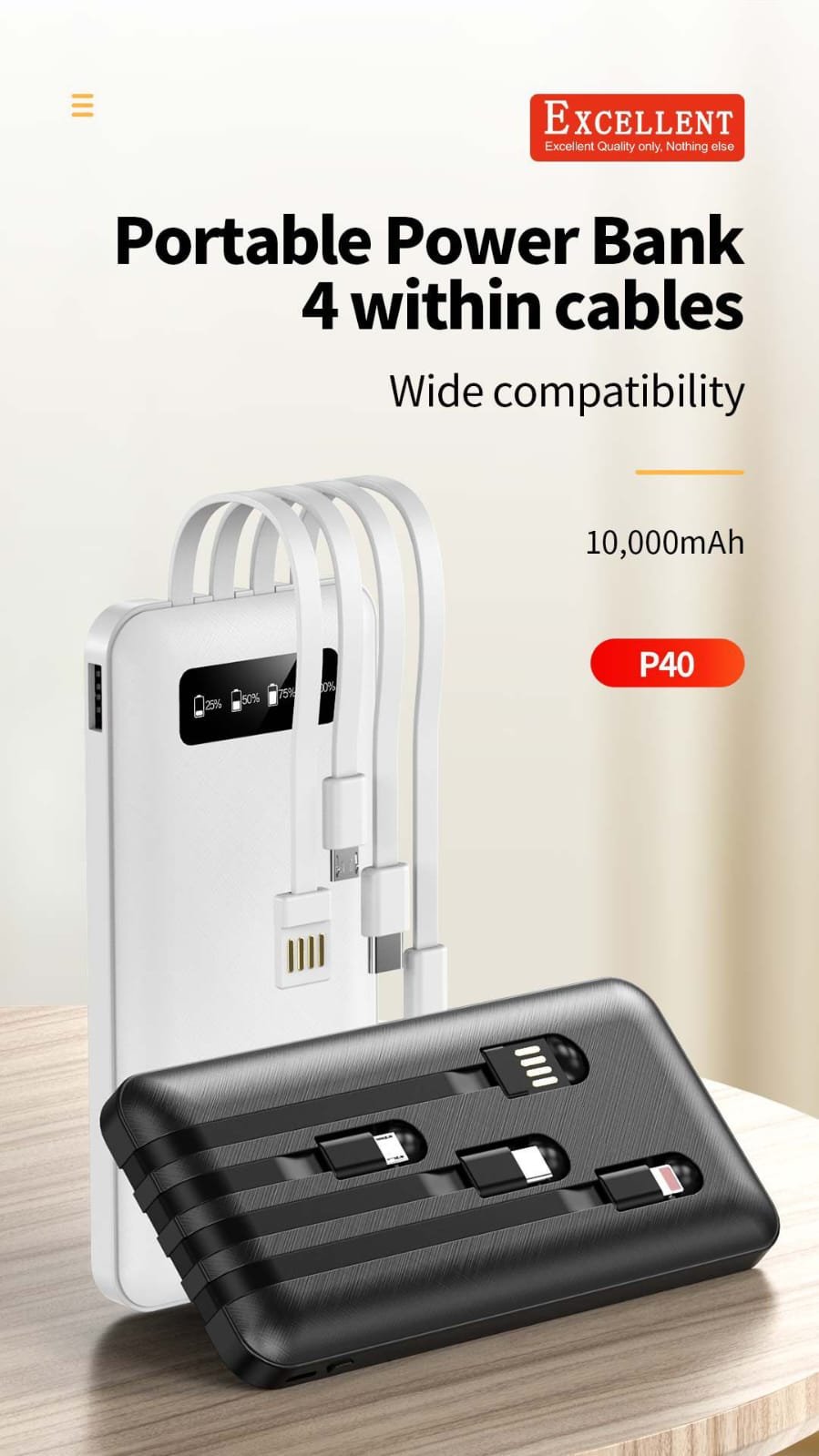 Tangle-Free Power with Excellent 10000mAh Power Bank P40 (Built-in Cables!) Slim white power bank with 10000mAh capacity and four pre-attached cables, offering convenient and tangle-free charging for smartphones and tablets.