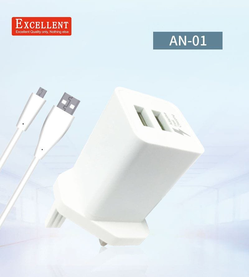 Double the Speed, Dual the Convenience with Excellent Fast Charger Dual USB AN 01 Sleek white charger with two USB ports, rapidly charging smartphones and tablets simultaneously.