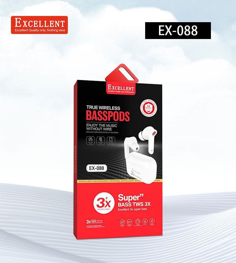 Feel the Beat with Excellent Super Bass TWS3X EX-088 Earbuds Wireless earbuds with dynamic drivers and powerful bass, delivering an immersive listening experience.