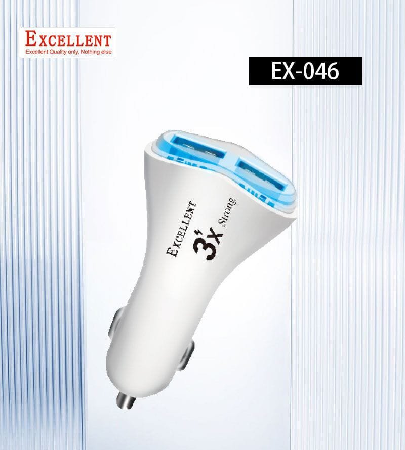 Take Power On the Road with Excellent 3X Strong Car Charger EX 046 Sturdy car charger with two USB ports, delivering 3x faster charging for smartphones and tablets while on the go.