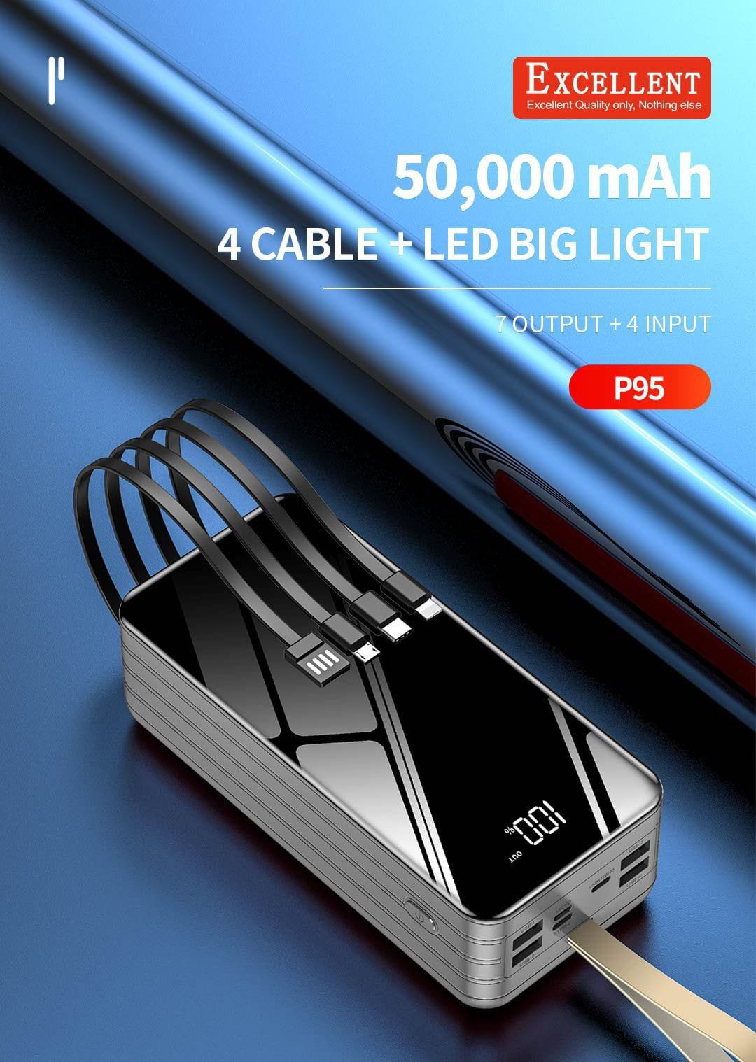 Excellent 50000mAh 4x Four Cables + LED Big Light Power Bank P95 (Image A close-up shot of the power bank's impressive 50000mAh capacity display,built-in cable) Extra-large portable power bank with a staggering 50000mAh capacity, built-in cables, and LED flashlight, ideal for powering multiple devices for extended periods.
