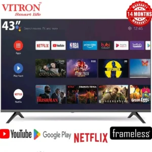 VITRON HTC 4388FS 43 INCH FRAMELESS FHD SMART TV ANDROID TV NETFLIX ,YOUTUBE TELEVISION INBUILT DECODER , BUILT-IN WIFI, APP STORE 1GB-RAM 8GB-ROM 2USB PORTS,3HDMI PORTS + 7 FRE Black 43 inch